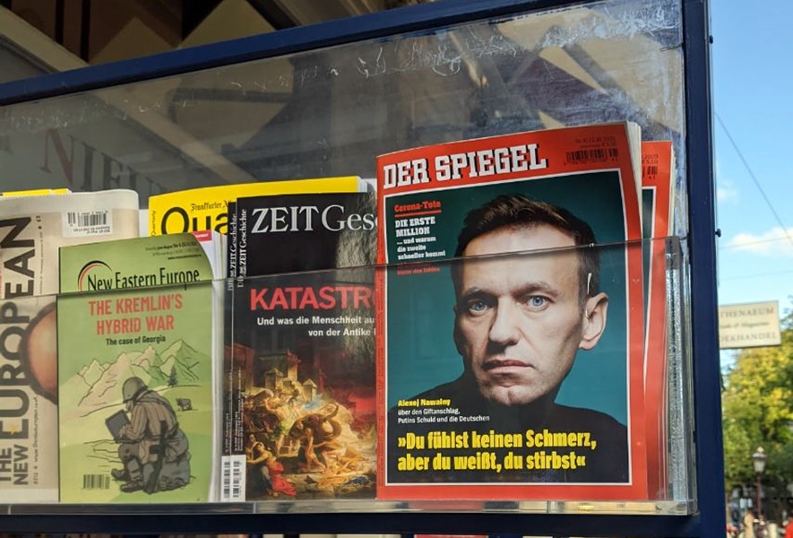 Showcase with the magazine Der Spiegel with Alexei Navalny on the front-page